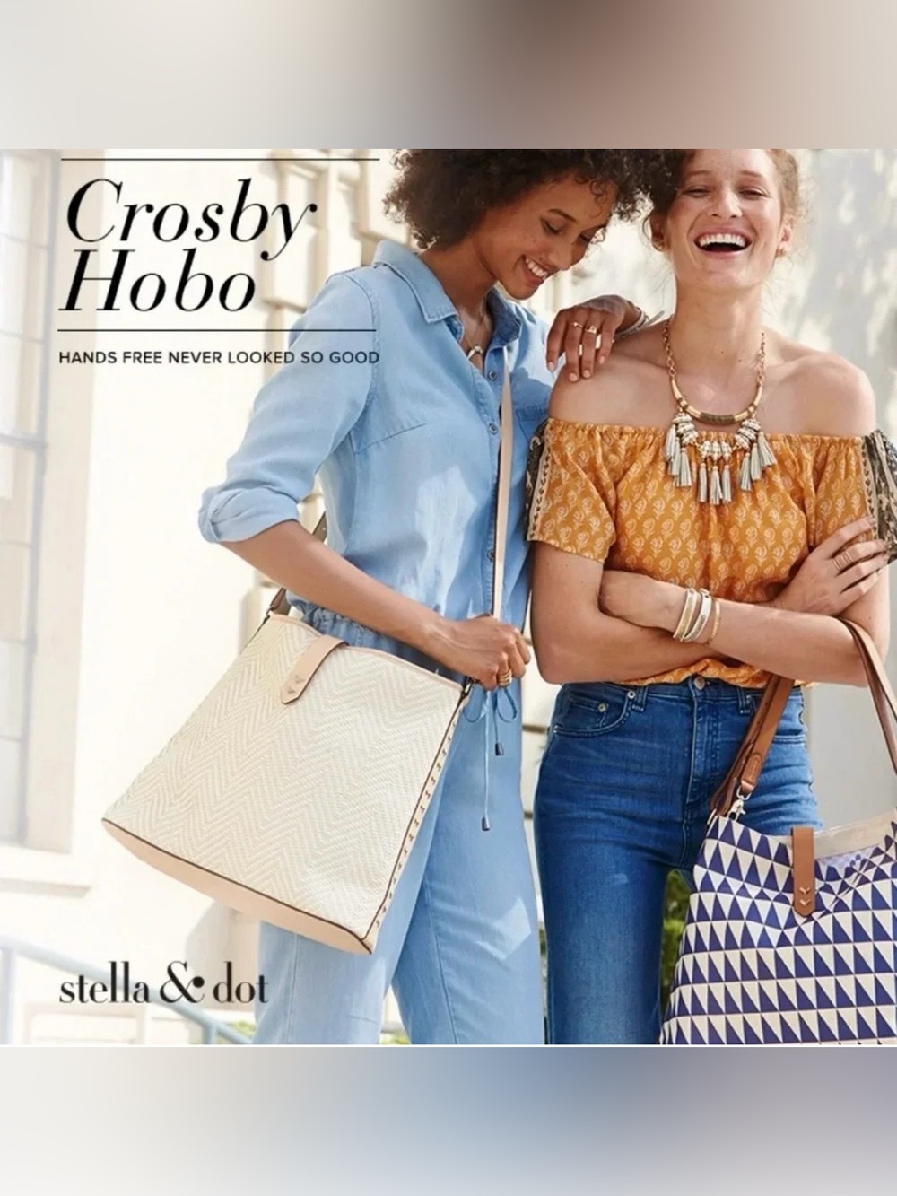 Stella & Dot Cream Woven
Crossbody Tote with Tan Trim
